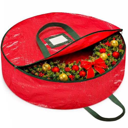 30-Inch Christmas Wreath Storage Bag Dual Zippered Container Red