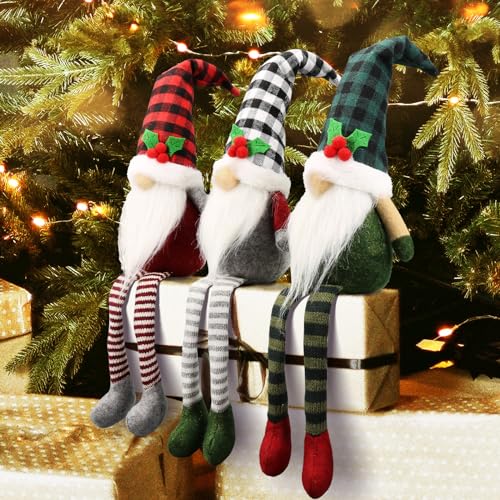 Teeker 3Pcs Christmas Gnomes Decorations – Xmas Swedish Tomte Set, Buffalo Plaid