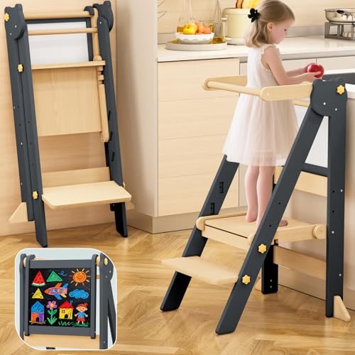 Foldable Toddler Learning Tower with Blackboard and Adjustable Height