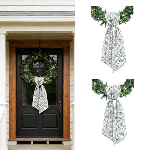 Blue Floral Wreath Sash 2Pcs Satin Garland Ribbon for Front Door Decor