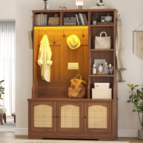 39.4-Inch Hall Tree with LED Lights, Rattan Entryway Bench & Shoe Storage