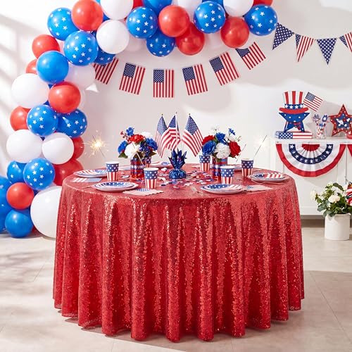 QueenDream Red 90 Inch Round Sequin Tablecloth for Party & Wedding