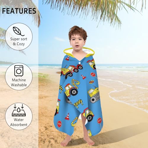Kids Hooded Construction Truck Bath & Beach Towel - Soft Absorbent Cotton
