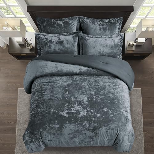 Distressed Velvet Comforter Set - 5-Piece Queen Bedding in Smoke Blue