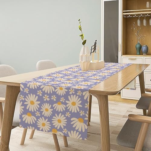 Daisy-2 W13 x L70 Table Runner – Purple Daisy Print, Cotton Linen, 13x70in