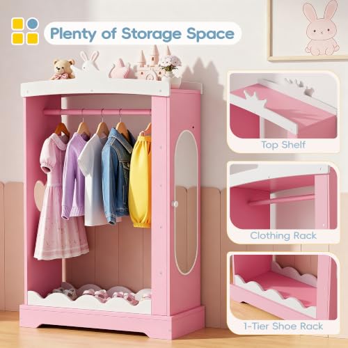 Kids Dress Up Wardrobe with Light-Up Mirror and Jewelry Storage - Pink