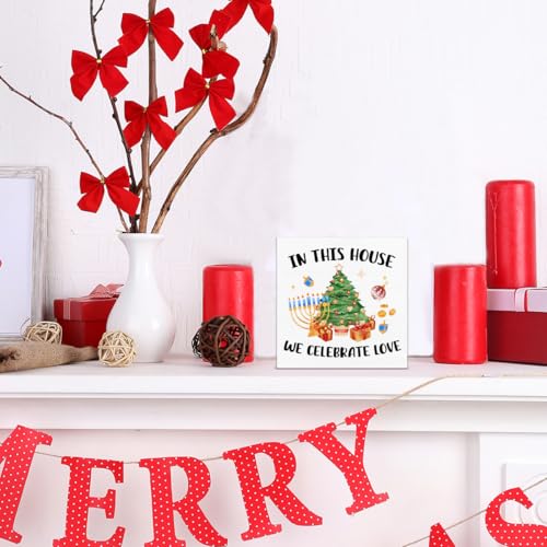 Christmas Hanukkah Wooden Desk Sign - In This House We Celebrate Love 5x5 Inches