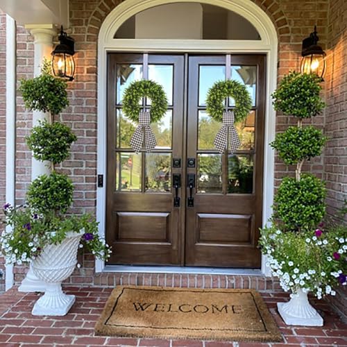 20-Inch Artificial Boxwood Wreath with Buffalo Check Sash for Front Door
