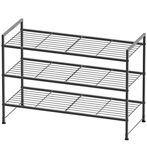 3-Tier Stackable Wire Grid Shoe Rack - Black Metal Storage Organizer