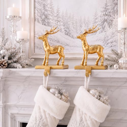 Christmas Reindeer Stocking Holders Set - Gold Deer Mantel Hangers, 4 Pack