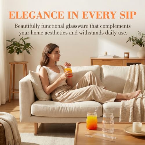4-Pack Ribbed Glass Tumblers with Straws, 16oz Aesthetic Iced Coffee Cups