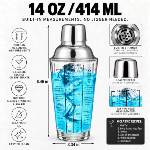 14 oz Glass Cocktail Shaker with Built-in Strainer & Recipes - Professional Bar Tool