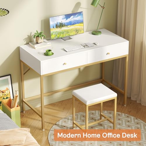 Modern 35.4-Inch Writing Desk with 2 Drawers and Padded Stool