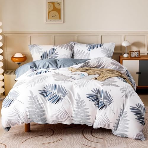 100% Cotton King Duvet Cover Set - 3-Piece Blue Leaf Bedding with Zipper & Ties