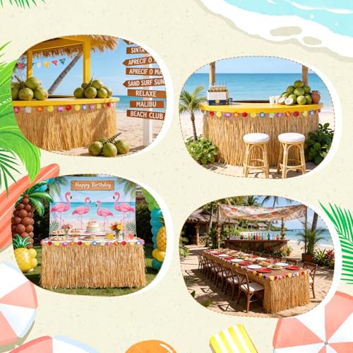 Tropical Luau Grass Table Skirt with Hibiscus Flowers - 9.8ft Waterproof