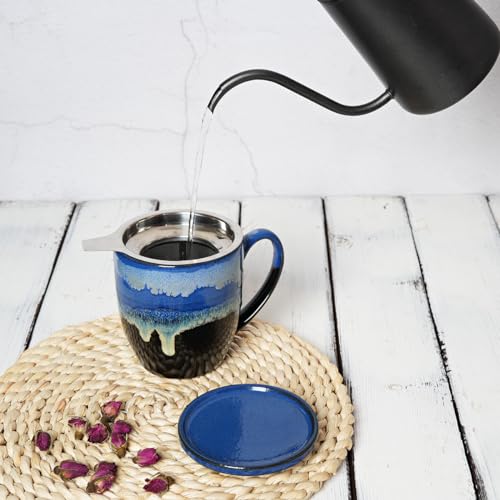 Bosmarlin Blue Ceramic Tea Mug with Infuser & Lid 16 Oz – Dishwasher & Microwave Safe