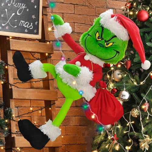 Christmas Green Monster Decorations with Lights, 23.6in Poseable Plush Santa for Indoor & Outdoor Holiday Decor