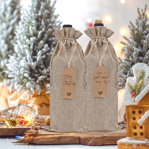 12-Pack Burlap Wine Gift Bags with Drawstring, Tags, and Jute Rope