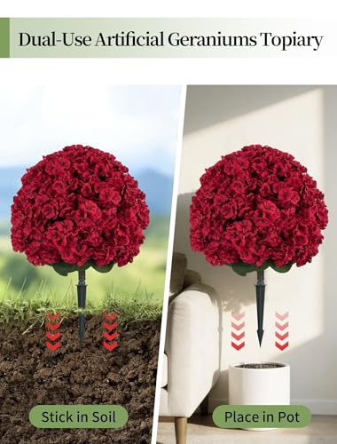 Set of 2 Artificial Red Geraniums with Ground Stakes, 29-Inch Outdoor Faux Plants
