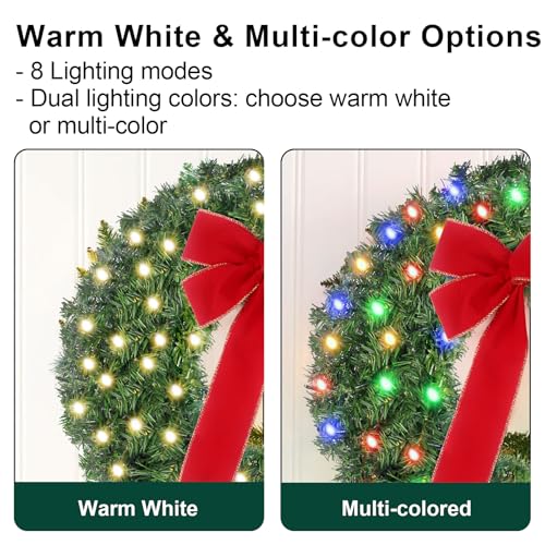 24-Inch Pre-Lit Christmas Wreath with Remote, 50 LED Lights & Red Bow