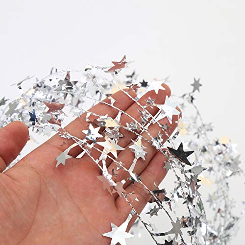 Silver Star Tinsel Wire Garland for Christmas Tree Decor, 75ft (3-Pack)