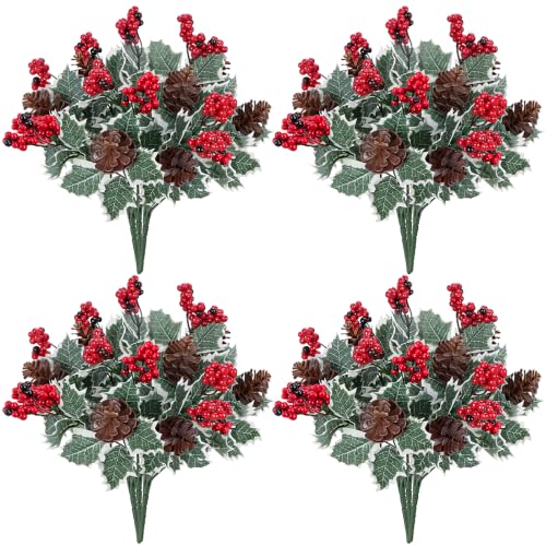 12Pcs Christmas Artificial Flower Set with Holly Berries Pinecones Xmas-12pcs