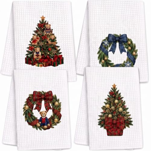 CrystalSylara Christmas Dish Towels Set of 4 - Classic Holiday Kitchen Decor
