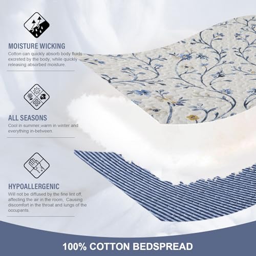 102"x120" Oversized Cotton Queen Quilt Set with 2 Shams - Reversible Floral & Stripe Design