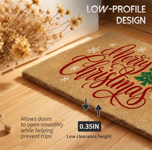 Merry Christmas Tree Door Mat - Holiday Coir Doormat with Snowflakes