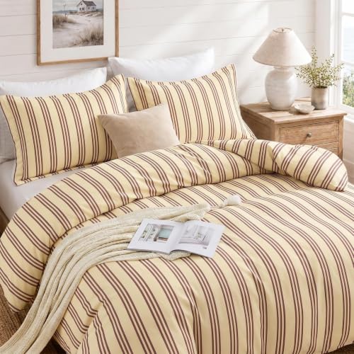Queen Brown Striped Duvet Cover Set - Soft Brushed Microfiber Bedding