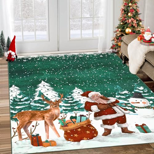 GarveeHome 4' x 6' Christmas Area Rug - Green, Santa Claus, Non-Slip Backing
