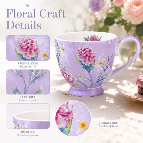 Glen Mila 16oz Light Purple Bone China Coffee Mug for Women – Cute Christmas Gift for Mom & Friends