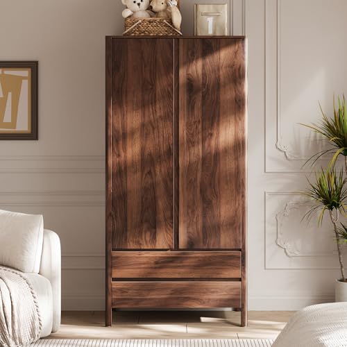 Modern Walnut Wardrobe with 2 Doors and 2 Drawers, 71-Inch Bedroom Armoire