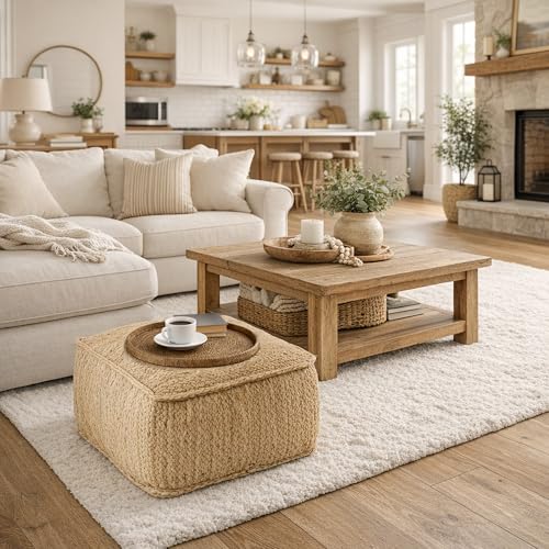 Braided Jute Square Pouf Ottoman - 22-Inch Woven Boho Footrest