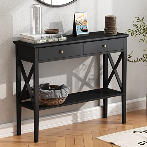 39-Inch Narrow Console Table with Drawers and Storage Shelf, Black