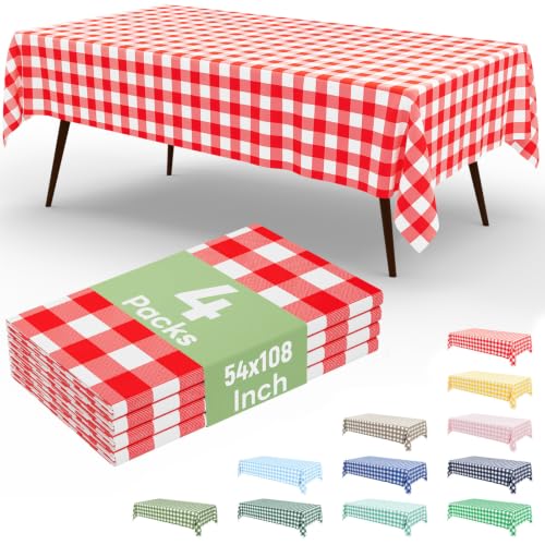 4-Pack Red & White Checkered Disposable Tablecloths, 54 x 108 Inch
