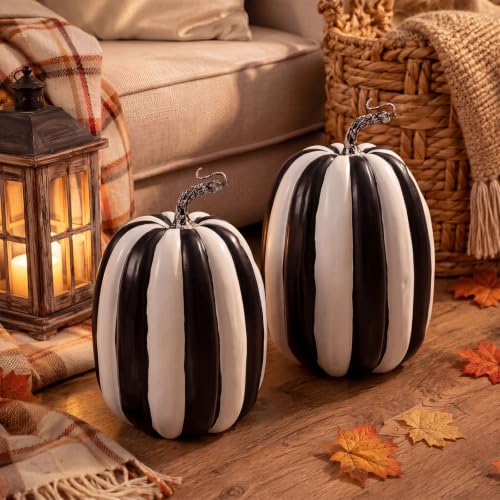 2 Pcs Large Artificial Foam Pumpkins, 8.6-Inch Black and White Striped Decor