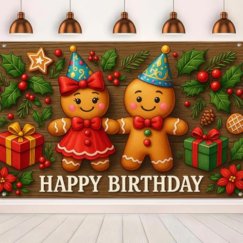 HOMETITUTE Gingerbread Happy Birthday Backdrop Banner 71x43 Inch - Rustic Holiday Party Decor, Pattern*2