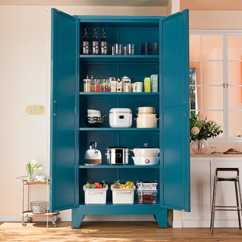 71-Inch Farmhouse Metal Storage Cabinet with Barn Doors and Adjustable Shelves