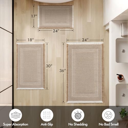 MIULEE Waffle Bathroom Rugs Set of 2 - Brown & Cream Boho Bath Mat