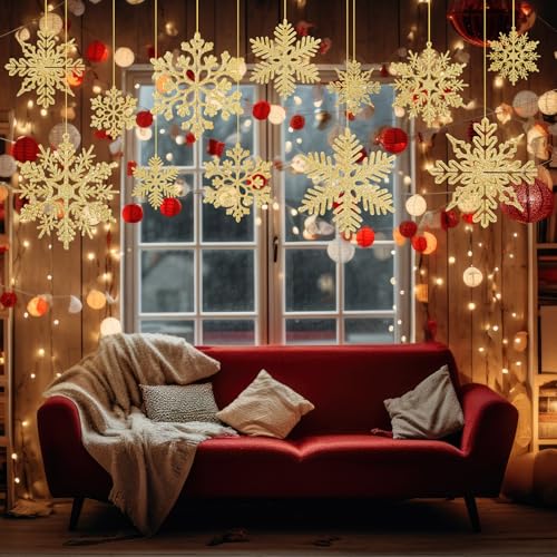 BOUBONI 48 Pcs Snowflake Christmas Ornaments – Gold, 4 Styles, 2/3/4in, Hanging Ribbon