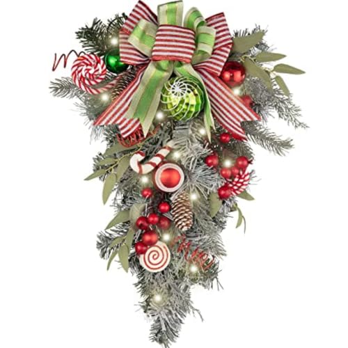Valery Madelyn Christmas Teardrop Swag with Elf Decoration, Red Green White, 24 Inch
