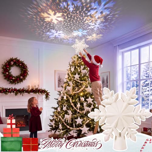 Seenelling Cream Velvet Christmas Tree Topper with LED Snowflake Projection - White
