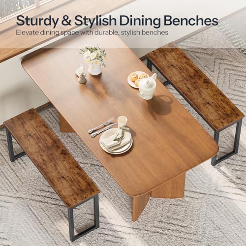 Industrial Dining Benches, Set of 2 Rustic Brown Metal Frame Indoor Benches