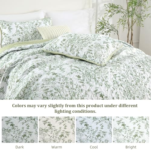 WONGS BEDDING Sage Green Botanical Floral King Quilt Set - 3-Piece Bedspread
