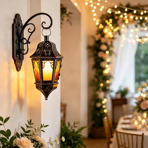Moroccan Hanging Candle Lantern with Chain - 13.6" Amber Glass Decor