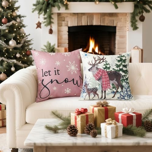 Artscope Christmas Throw Pillow Covers 18x18 Inch Set of 4, Pink Scottish Plaid Snowman Reindeer