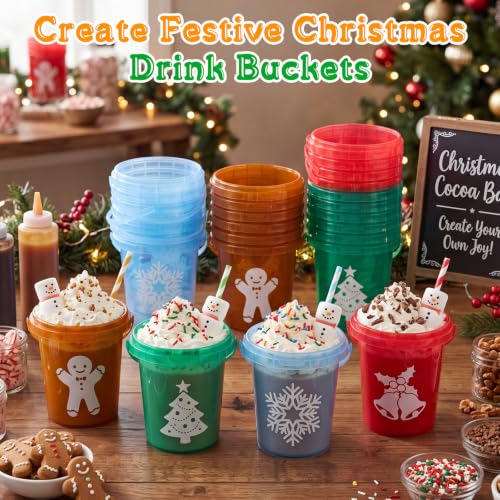Ceenna 24 Pack Christmas Plastic Drink Buckets 34oz with Lids & Straws - Classic Holiday Design