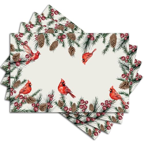 Winter Cardinal Linen Placemats Set of 4, Christmas Holiday Table Decor 12x18"