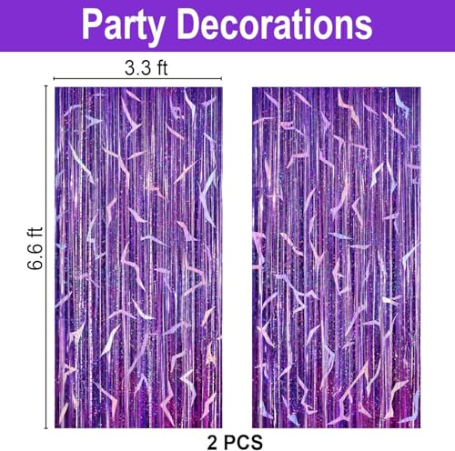 2 Pack Purple Holographic Foil Fringe Curtains - 3.3 x 6.6 ft Party Backdrop